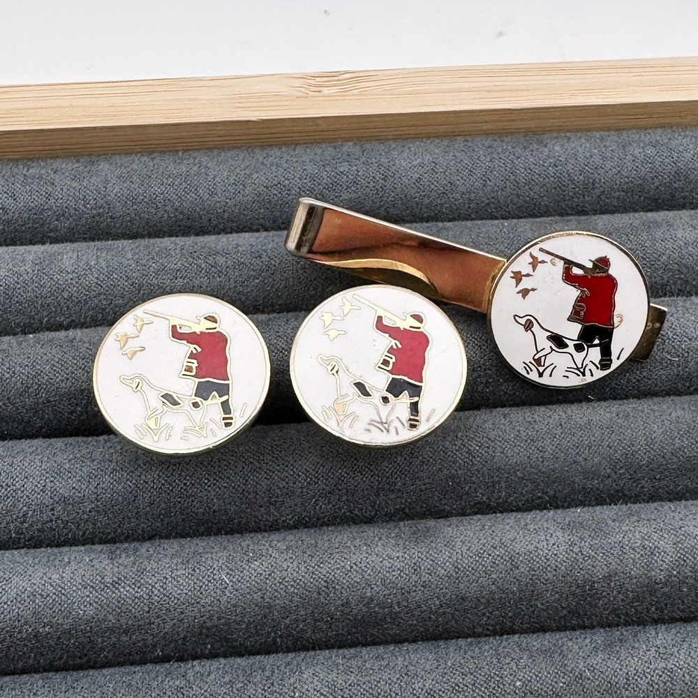 Vintage Swank Gold Tone Enamel Cufflinks Tie‎ Clip Duck Hunting Hunter Dog Birds